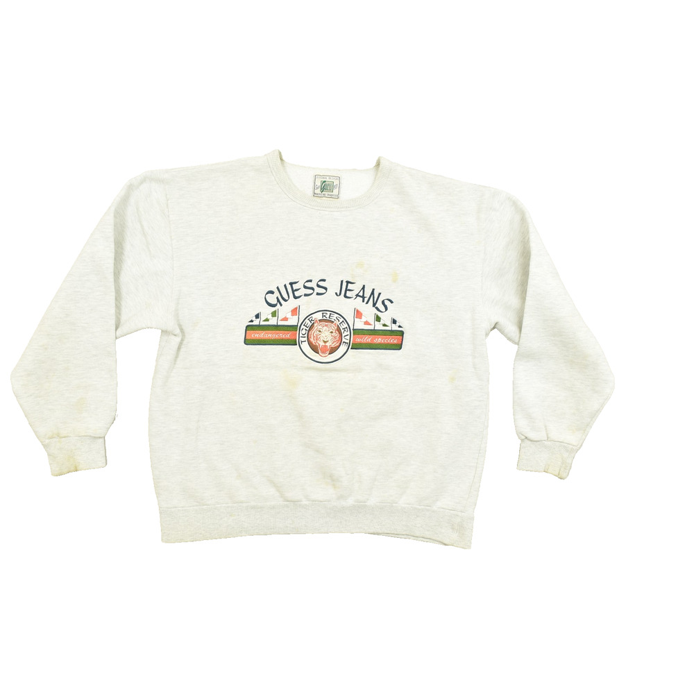 GUESS JEANS Vintage Tiger Reserve Embroidered Sweatshirt XL Heather Oatmeal 26x2